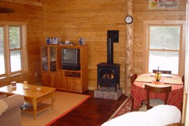 Cozy gas fireplace offers a romantic cozy atmosphere at this quiet romantic cabin.